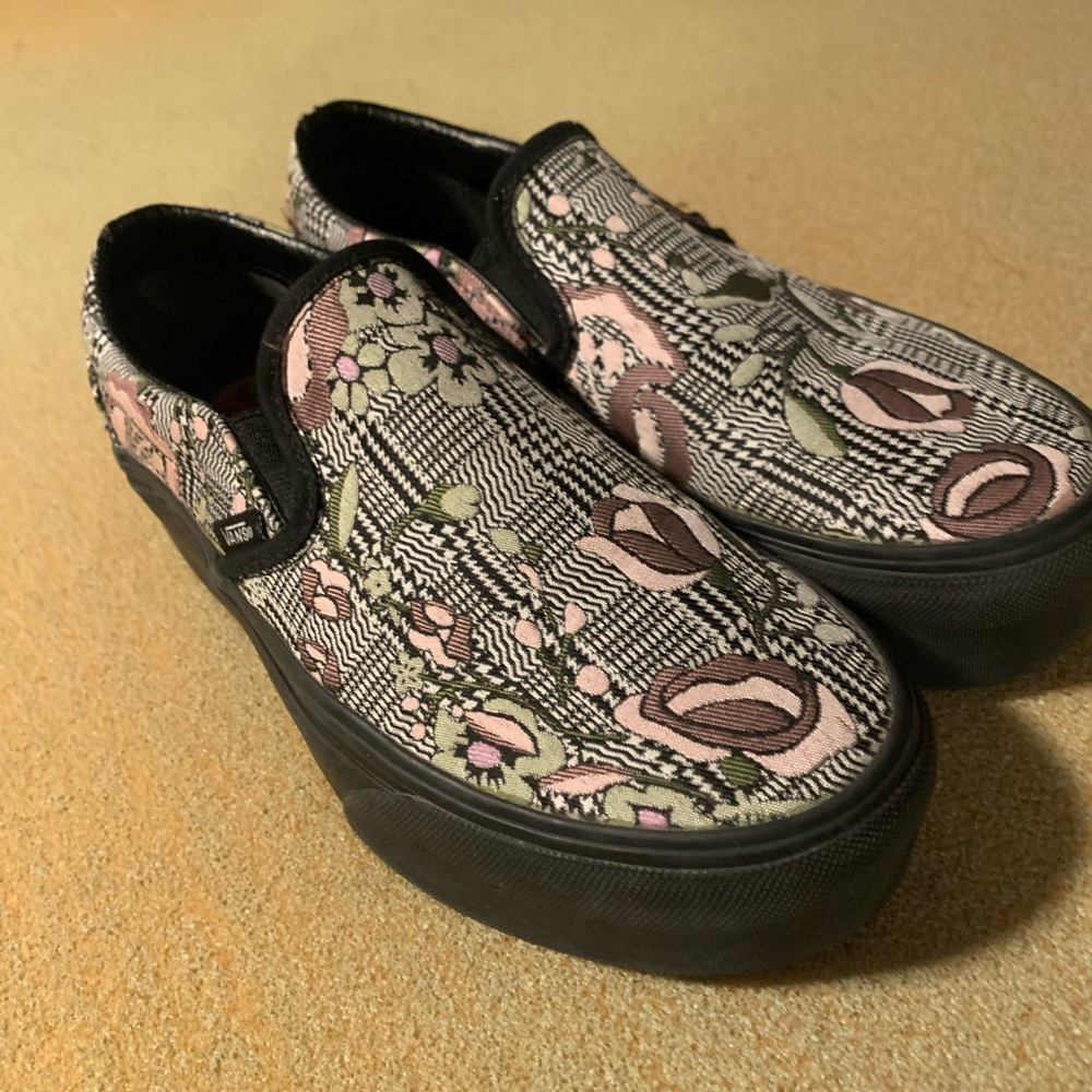 Vans Black and Pink Floral Slip-On Sneakers